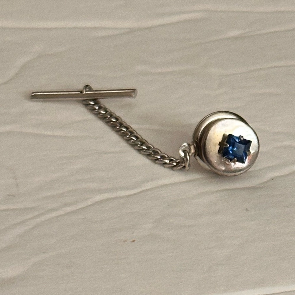 Blue Rhinestone on Silver Tone Tie Tack w/Chain